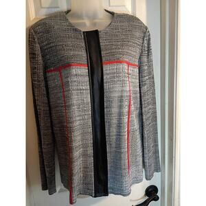 Ming Wang Full Zip Cardigan Gray Black Synthetic Leather Trim Sz L Business...